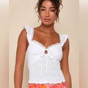 White Eyelet Ruffled Keyhole Smocked Top